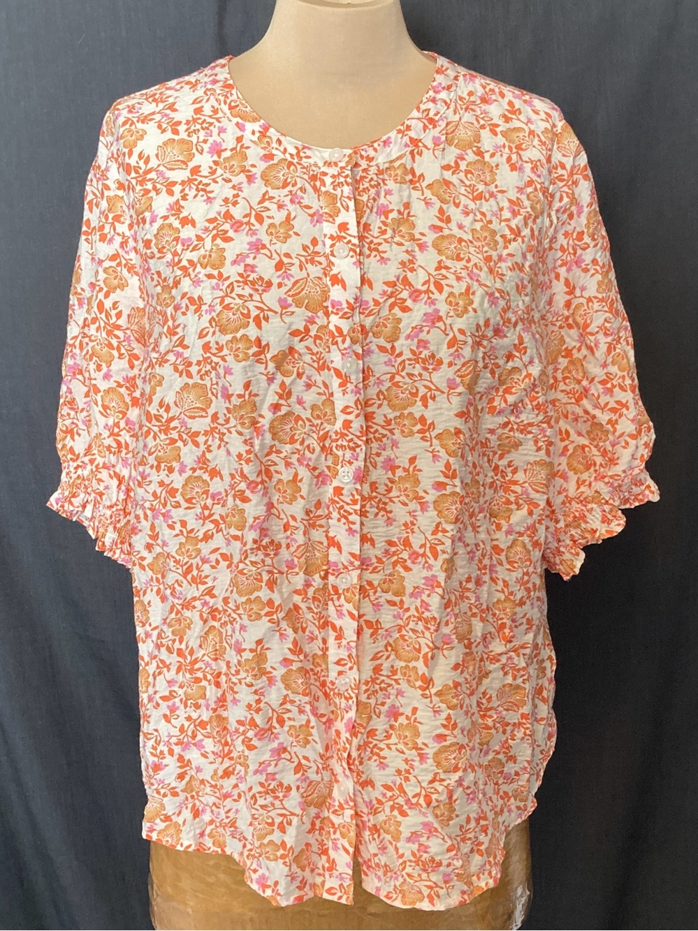 croft & barrow Rayon Blend White Blouse with Orange Floral Print size OX